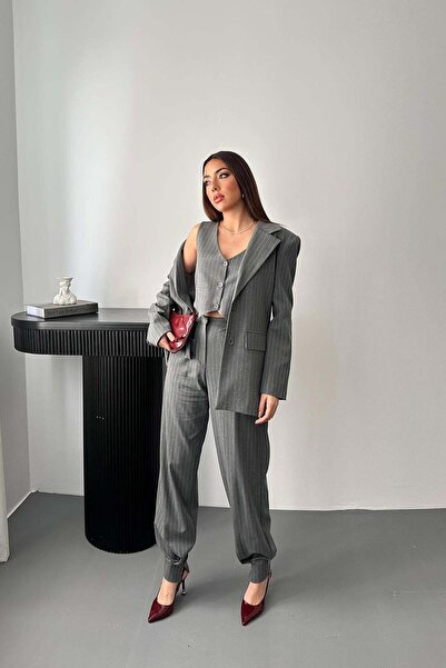 Caddebostan Moda Striped Jacket Vest Trousers Triple Women's Suit Combination