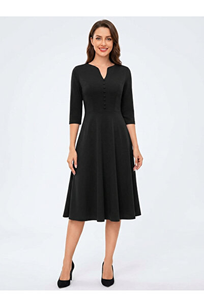 OEM Rochie Midi Dama cu Mâneci Lungi Elegantă De Ocazie Confortabilă Neagră L