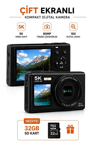 RAYLAX 5K Ultra HD Çift Ekranlı Dijital Fotoğraf Makinesi 80MP AF Otomatik Od...