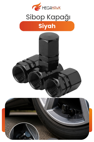 MEGAHAWK Sibop Kapağı Siyah 4'lü Alüminyum Lastik Valf Kapağı Universal
