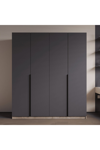 ALONEX HOME İzmir 4 Kapaklı İçten Çekmeceli Full Antrasit Gardırop , Elbise D...