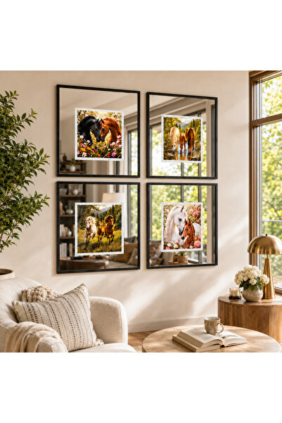 sümercam Metal Çerçeveli Aynalı Tablo 40x40 cm 4'lü Baskılı Dekoratif Duvar T...