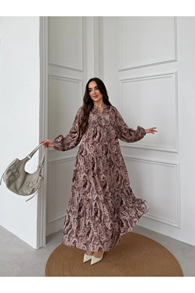 Butik Kahve Rengi Şal Desenli Düğmeli Geniş Kalıp Modelimiz