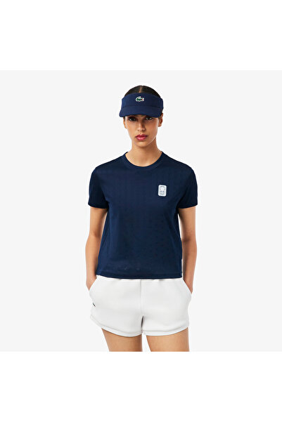 Lacoste Kadın Slim Fit Bisiklet Yaka Desenli Lacivert T-Shirt