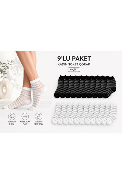 hür socks 9 çift siyah ve beyaz rengiyle kadın tül soket çorap