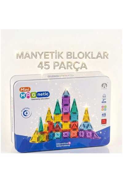 Aksoy Toys Mini Manyetik Yapı Blokları 45 Parça Seyahat Tipi Mini Bloklar Ren...