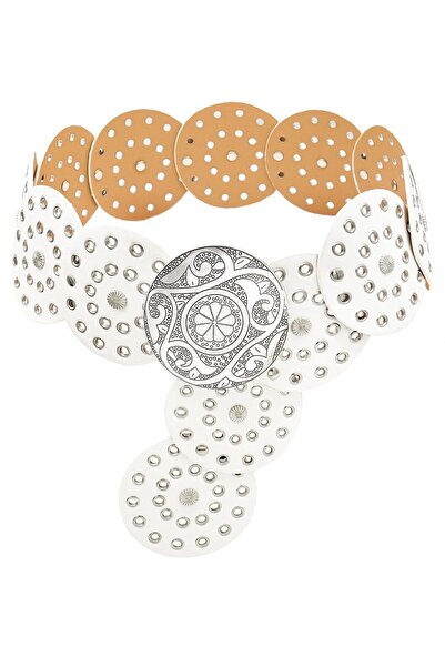 OEM Curea lată din piele cu disc rotund decupat, stil Boho Western – Alb XL