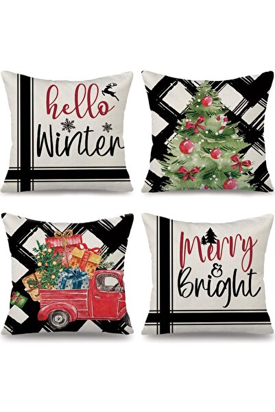 OEM Fețe de pernă de Crăciun, 4 bucăți, 40x40cm, cu camion roșu, decor festiv...