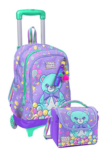 Coral High Primary School Trolley Bag and Lunch Set - Girls - Purple Green Te...