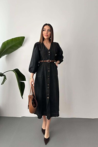Caddebostan Moda فستان نسائي طويل من الدنيم بأكمام بالون وياقة على شكل V وأزرار