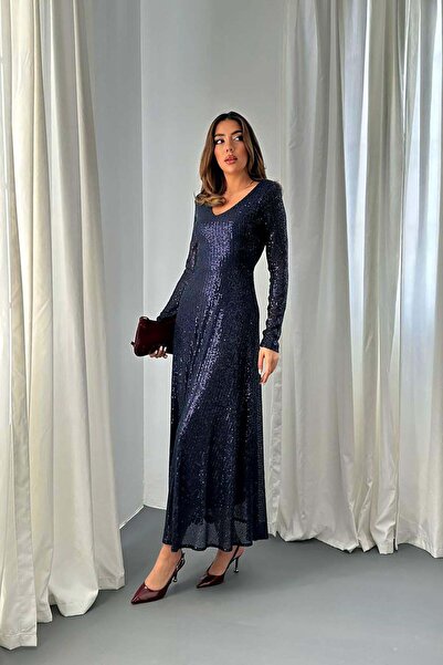 Caddebostan Moda Backless Long Sleeve Sequined Stylish Evening Dress