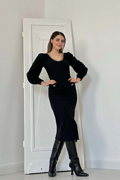 Caddebostan Moda Chain Detailed Balloon Sleeve Double Breasted Collar Midi Le...