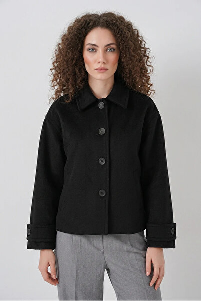 Efnaz style Women's Classic Collar Buttoned Cashmere Black Jacket