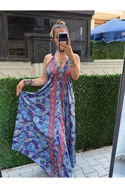 ELA Imported Silk Tie-Dye Ethnic Pattern Backless Dress (Size 36-46 Is a Fitt...
