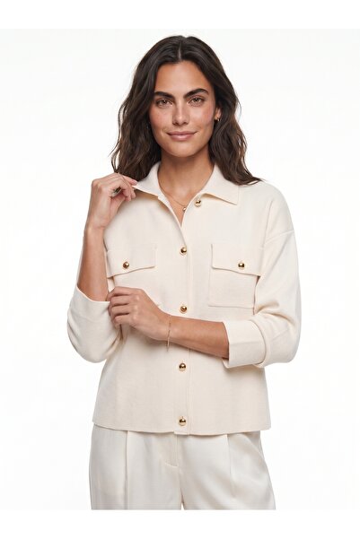 ONLOOX Cream Knitwear Textured Shirt Collar Drop Shoulder Gold Button Detaile...