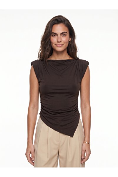 ONLOOX Bitter Brown Flexible Soft Textured Boat Neck Asymmetrical Cut Padded ...
