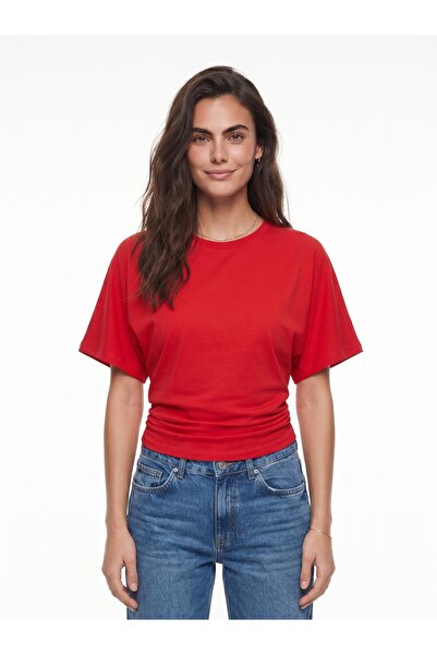 ONLOOX Red Cotton Crew Neck Bat Sleeve Comfortable Fit Side Gathered Hidden Z...