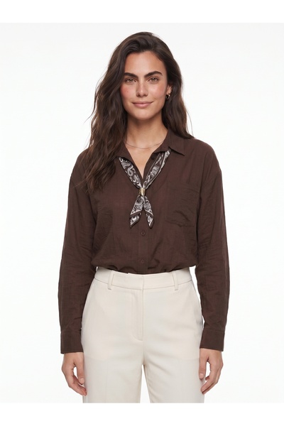 ONLOOX Brown Crinkle Textured Classic Shirt with Collar, Loose Cut, Single Po...