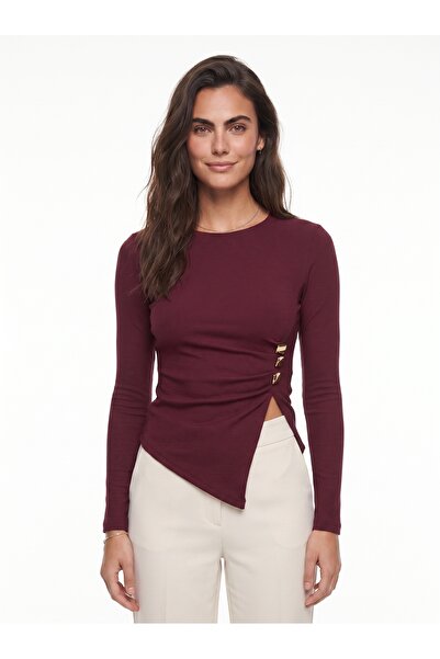 ONLOOX Burgundy Ribbed Stretch Fabric Crew Neck Asymmetrical Cut Long Sleeve ...