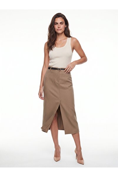 ONLOOX Milky Brown Woven Fabric High Waist Pencil Cut Belted Front Slit Detai...