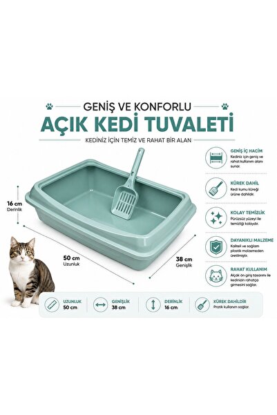cdk Açık Kedi Tuvaleti Kürekli Set – Geniş Plastik Kum Kabı – 50x38x16 cm