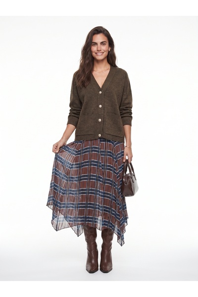 ONLOOX Brown Cotton Wrinkle Effect Lined Midi Length Plaid Patterned Chiffon ...