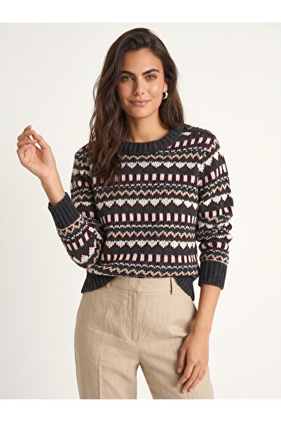 ONLOOX Anthracite Cotton Viscose Blend Standard Fit Patterned Knit Sweater wi...