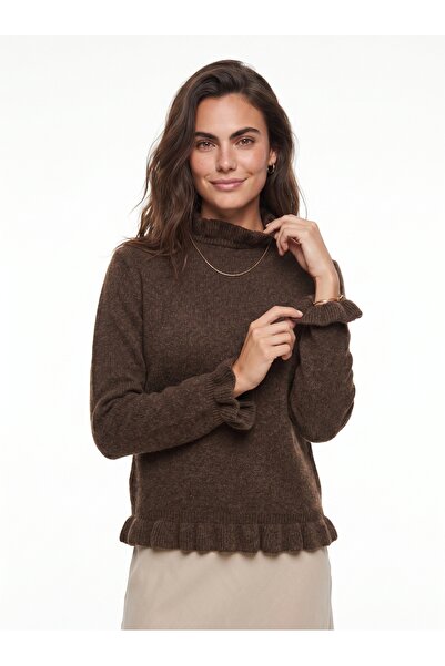 ONLOOX Brown Knitwear Soft Textured Ruffle Collar Detailed Long Sleeve Comfor...