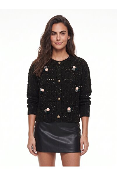 ONLOOX Black Acrylic Fabric Crew Neck Standard Fit Pompom Patterned Buttoned ...
