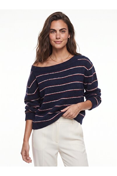 ONLOOX Navy Blue Burgundy Wool Blend Bardot Collar Oversized Striped Stretchy...