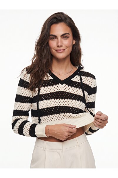 ONLOOX White Black Acrylic Textured Hooded V-Neck Standard Size Striped Knitt...