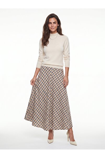 ONLOOX Beige Polyester Fabric High Waist Plaid Pattern Bell Cut Ankle Length ...