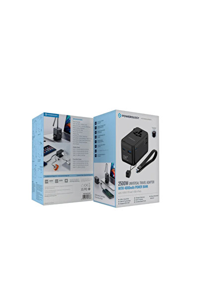 Powerology 2500W Universal Travel Adapter With 4000mAh Power Bank Black