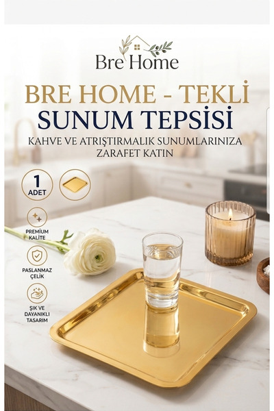 BRE HOME Lüks Gold Sunum Tepsisi - Paslanmaz Çelik Kare Kahve Yanı Sunumluk -...