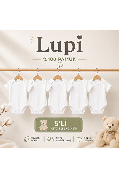 lupi 5 Pieces of Ecru 100% Cotton Baby Bodysuits with Snap Fasteners