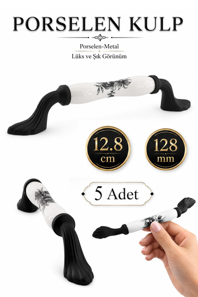 Badem10 (5 Adet) Ahenk Beyaz Porselen Siyah Kulp 128 mm 12.8 cm Mobilya Çekme...