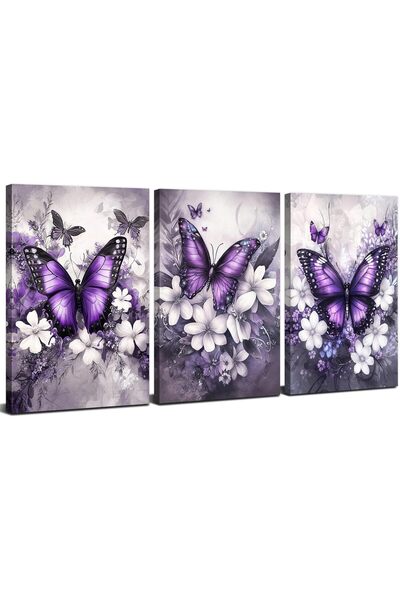 Tablou Set 3 Tablouri Canvas Fluturi Mov & Flori, 30 × 40 cm, Ready to Hang