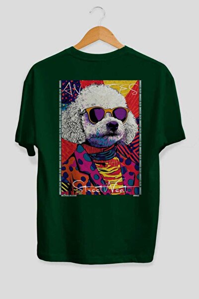 Ankhises For Dog Lovers 39 Green Oversize T-Shirt with Back Dog Print 100% Co...