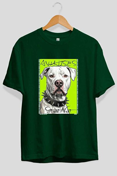 Ankhises For Dog Lovers 52 Front Dog Printed Green Oversize T-Shirt 100% Cott...