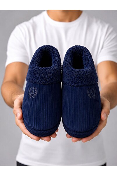redtan Men's Navy Blue Luxury House Slippers Corduroy Inside Plush Non-Slip S...