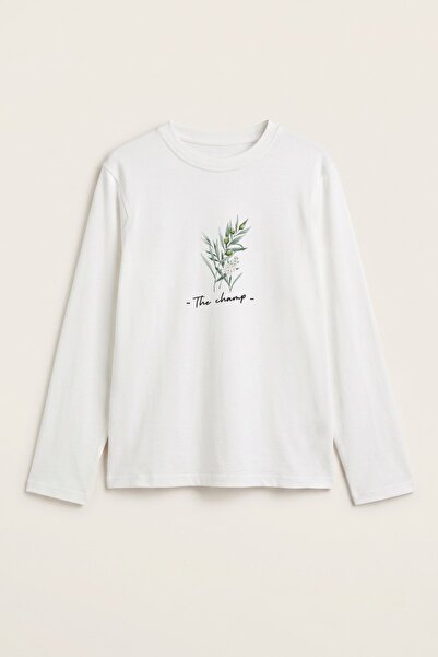 The Champ Clothing Women's Long Sleeve T-Shirt Olive Grace Printed White – St...