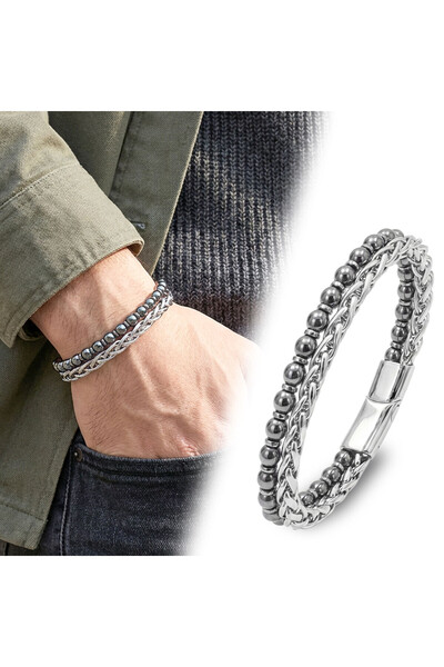 Parmas Design سوار رجالي فاخر من الهيماتيت باللون الفضي مع سلسلة فولاذية 01829