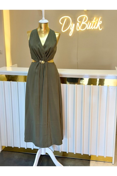 shop Haki bel dekolteli elbise
