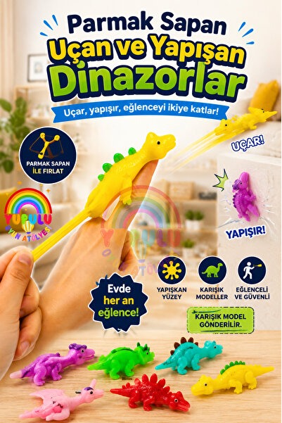 YUPULU Parmak Sapan Uçan ve Yapışan Esnek Dinazor - Elastik Eğlenceli Mancılı...