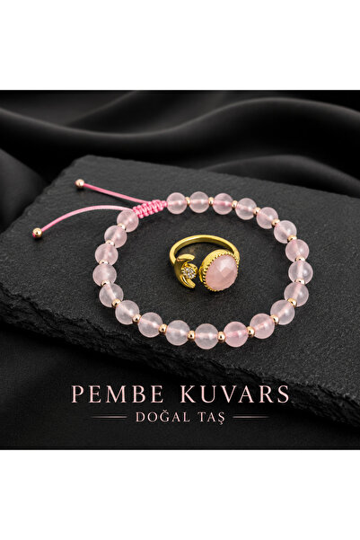 angelloop Pembe Kuvars Doğal Taş Bileklik/Yüzük Seti-Ayarlanabilir-Altın ve B...