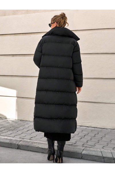 Snatch Black Long Inflatable Women's Coat - Oversized Puffer Coat with Stand Collar and Pockets