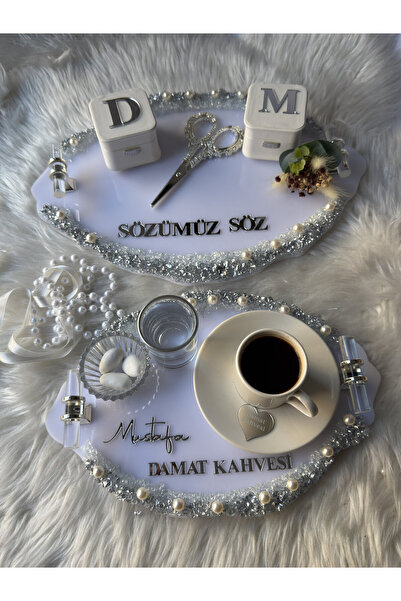 CatplexBoutique Söz Tepsisi - Kişiye Özel 2'li Nişan Tepsisi Damat Kahvesi Te...