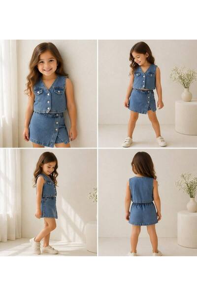 Yalçınoğlu Kids Set din denim pentru fete din 2 piese – Vestă elegantă și pan...