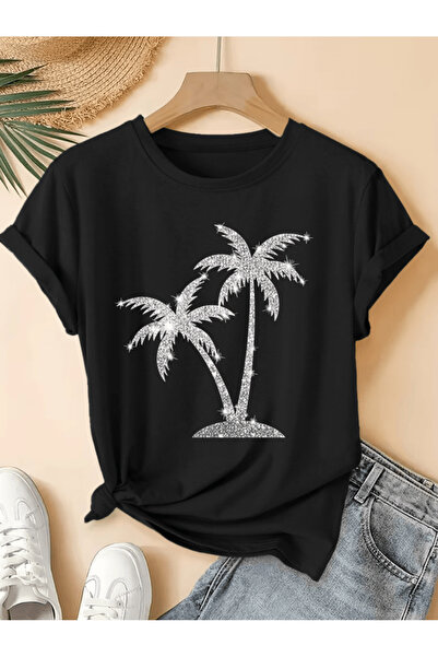 one button Pearl detail palm tree printed premium oversize t-shirt for women