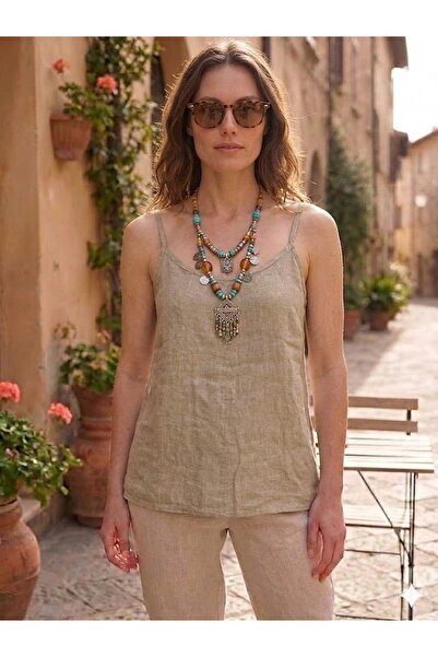 AYASOFYA OTANTIK Women's Italian Mink Plain Pattern 100% Linen Strap Blouse